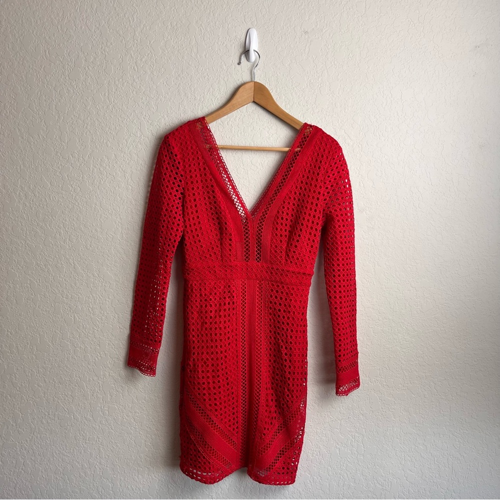 ASTR The Label Red Lace Bodycon Mini Dress Small S Long Sleeve Cutout Eyelet - Picture 2 of 11